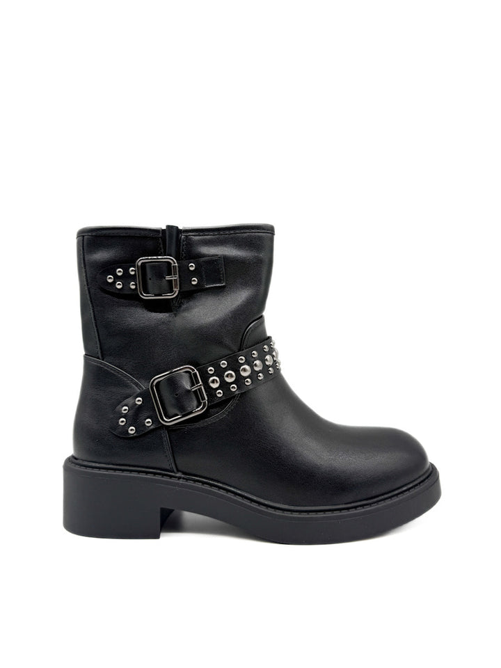 Botines Biker con Tachuelas y Hebillas Metálicas en Suela de Plataforma. Negro