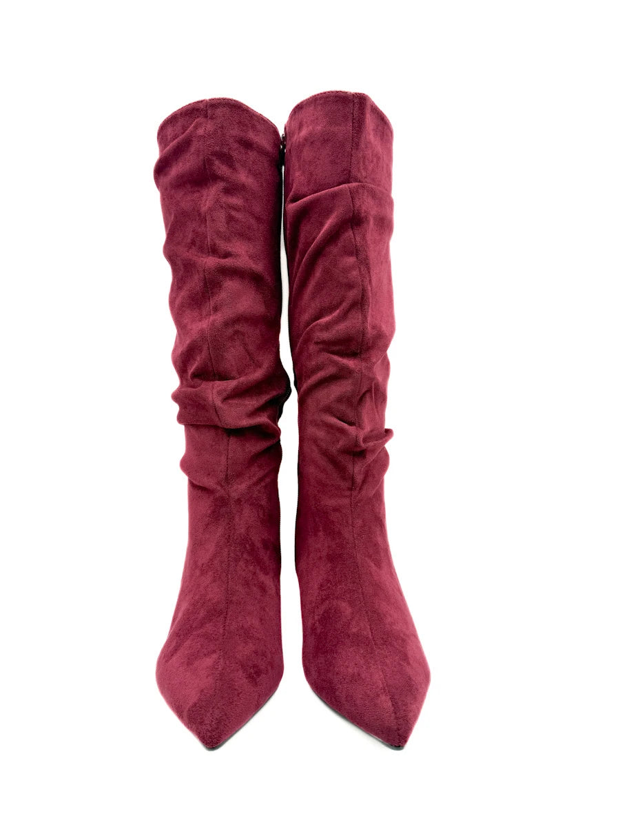 Botas Altas Fruncidas de Ante Sintético con Tacón Chupete y Puntera Fina