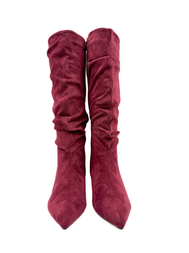 Botas Altas Fruncidas de Ante Sintético con Tacón Chupete y Puntera Fina