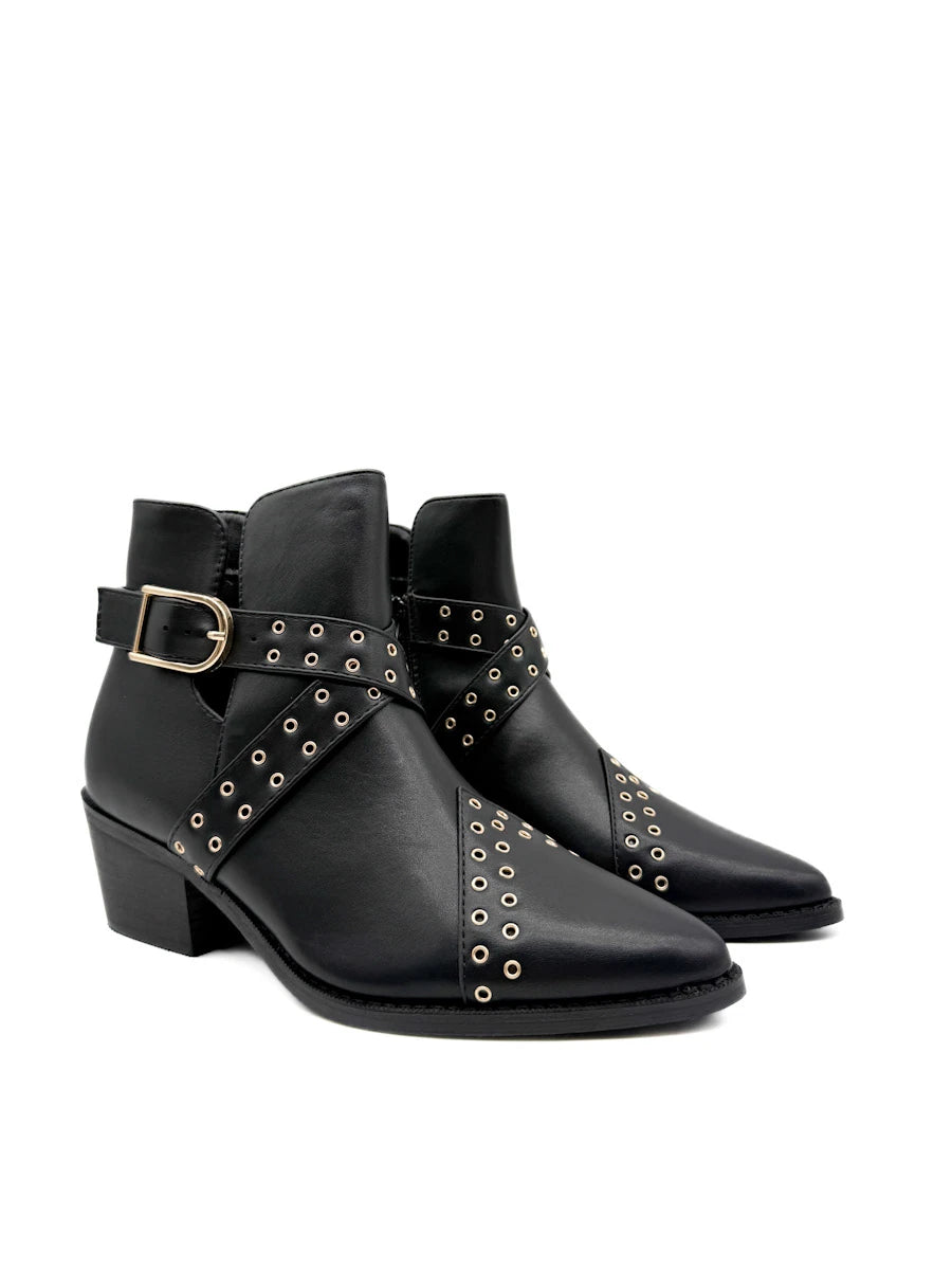Botines Camperos de Mujer con Ojetes Metálicos y Hebilla - Tacón Ancho y Cremallera