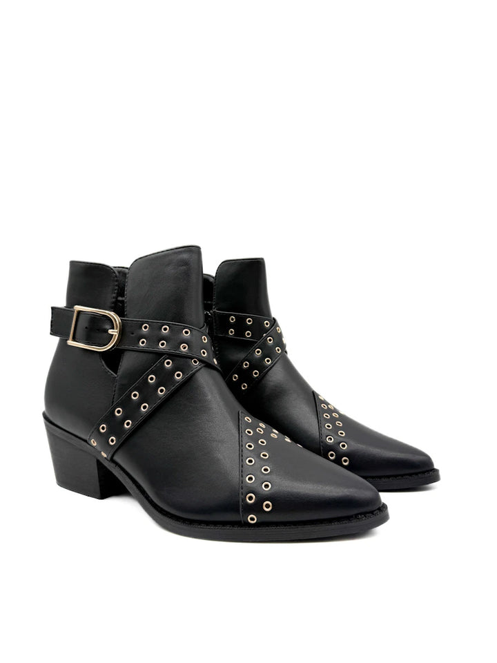 Botines Camperos de Mujer con Ojetes Metálicos y Hebilla - Tacón Ancho y Cremallera
