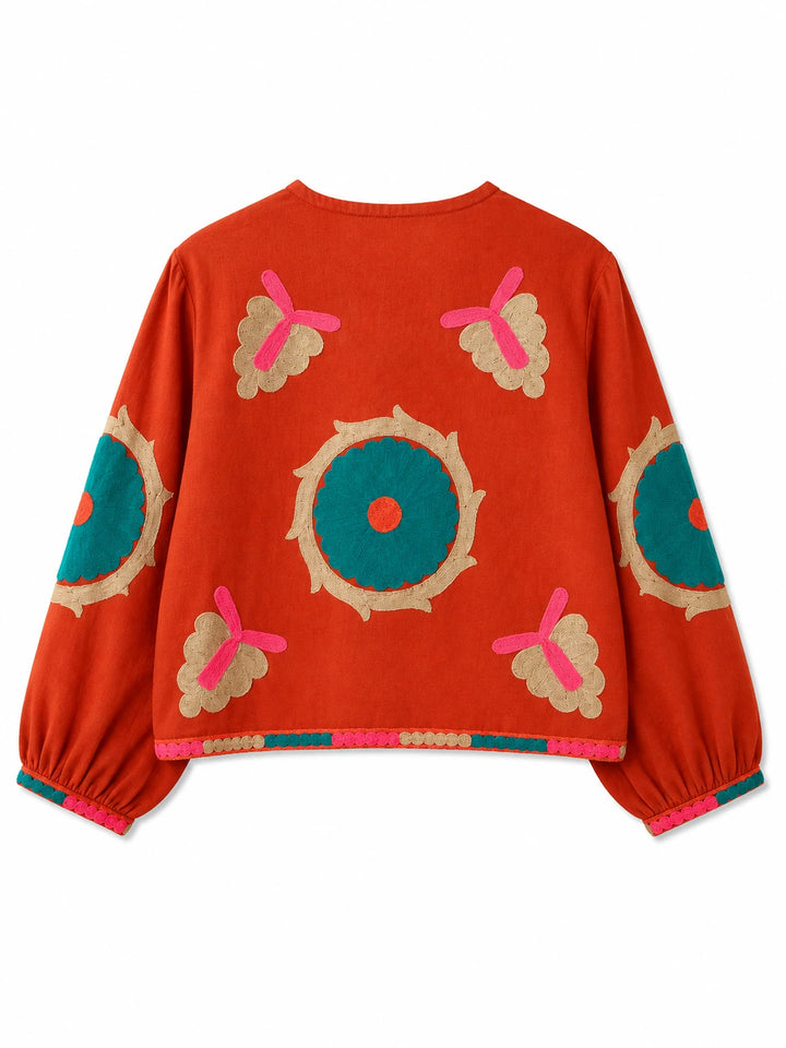Chaqueta Bordada Multicolor para Mujer de Estilo Boho con Manga Larga y Diseño Artesanal