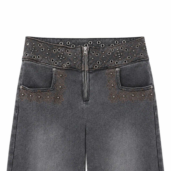 Jeans Rectos de Cintura Alta con Remaches y Bordados