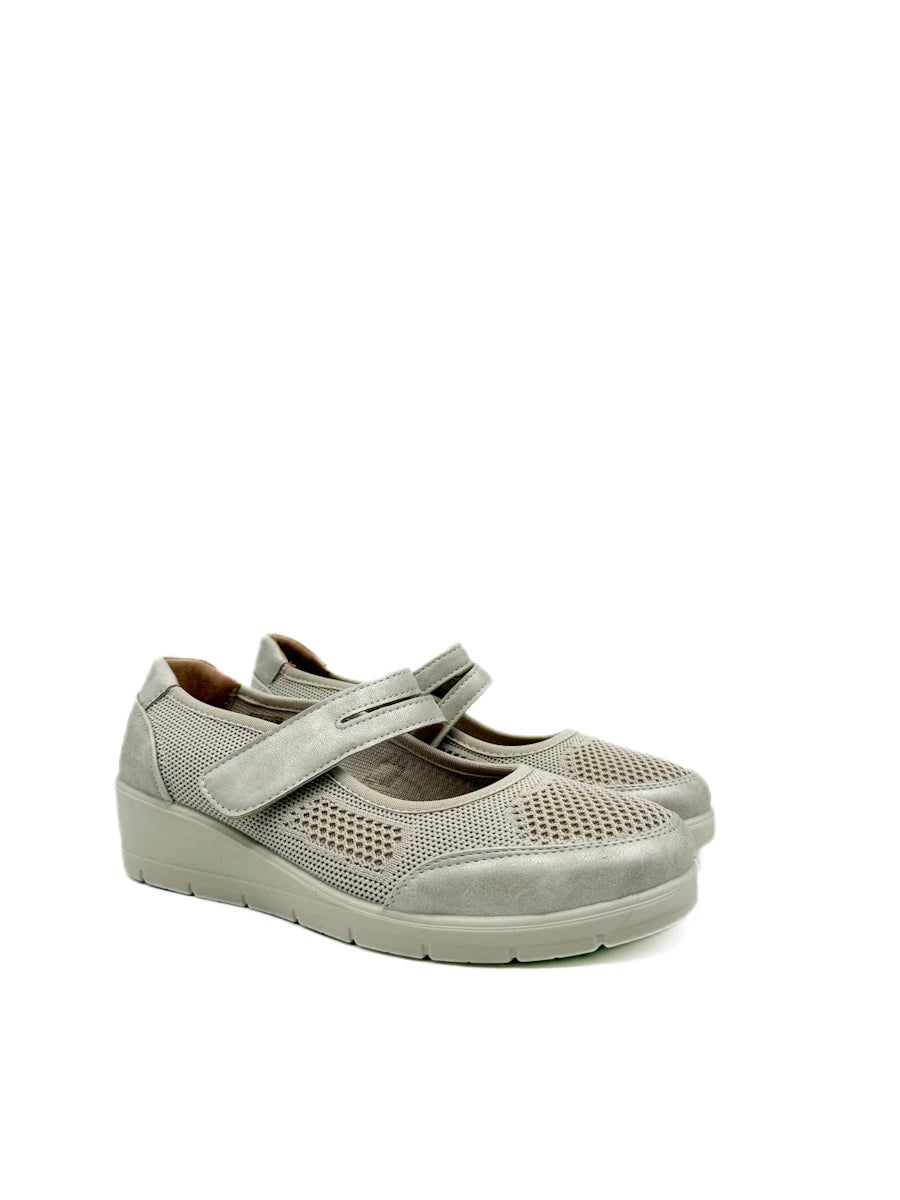 Zapatilla de Confort para Mujer con Cuña Ligera - Manoletinas Transpirables de Malla con Cierre de Velcro - Calzado Ergonómico Metalizado