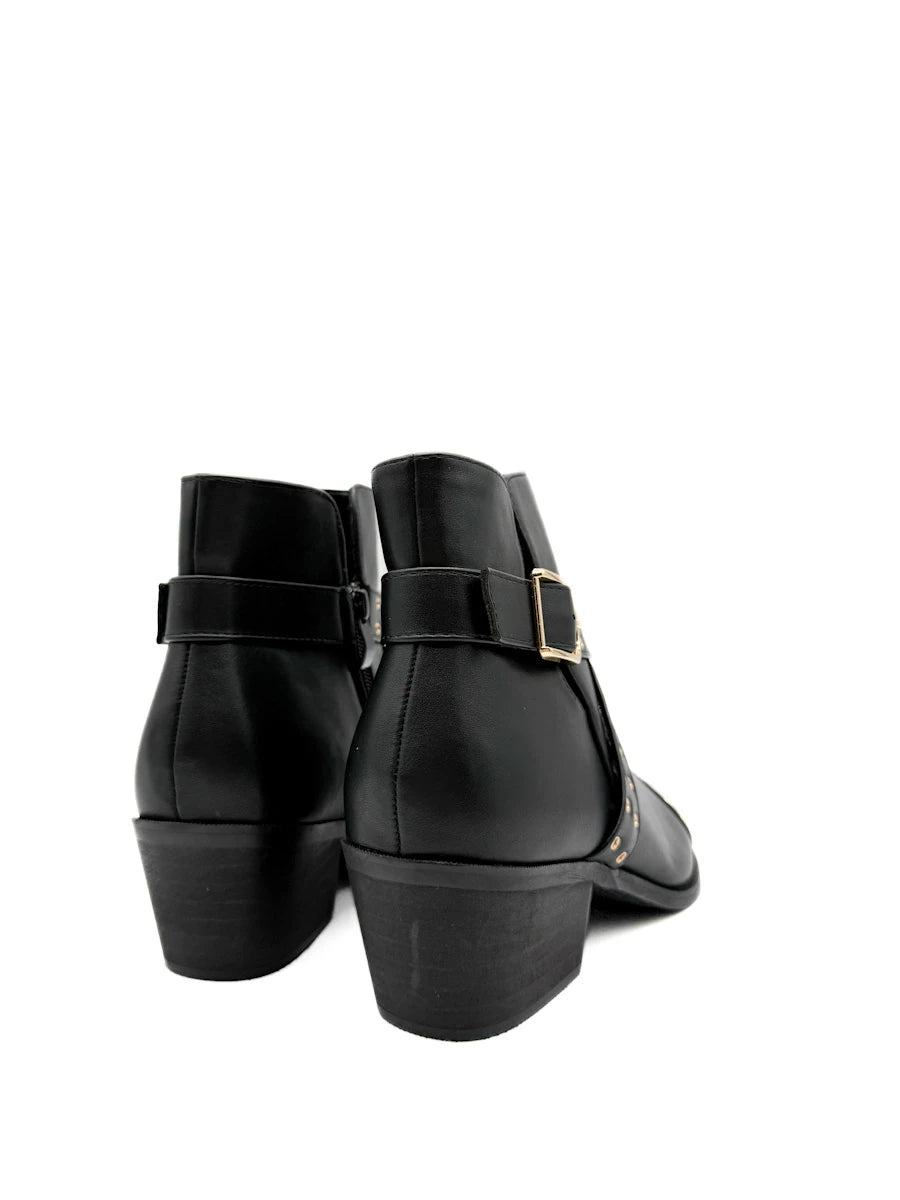 Botines Camperos de Mujer con Ojetes Metálicos y Hebilla - Tacón Ancho y Cremallera