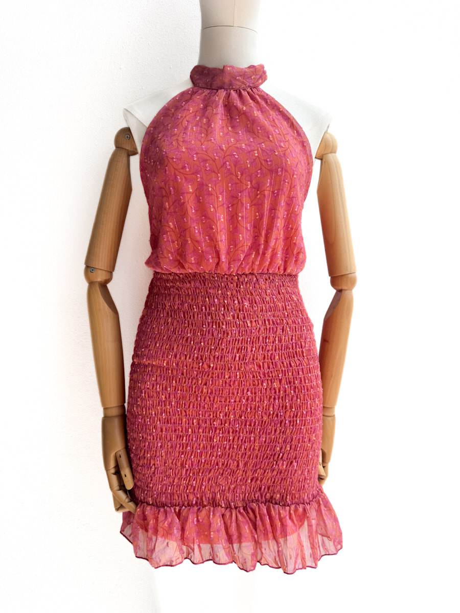 Vestido Corto Estampado con Cuello Halter y Volante Nanranja única