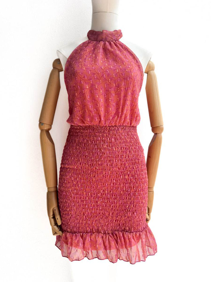 Vestido Corto Estampado con Cuello Halter y Volante Nanranja única