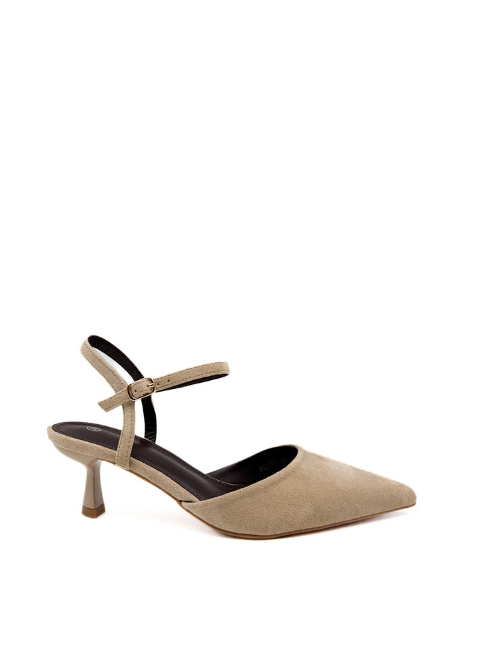 Zapatos destalonados de punta fina con tacón bajo y acabado en antelina