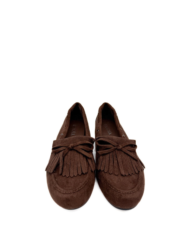 Mocasín Planos de Antelina Marrón con Flecos y Lazo