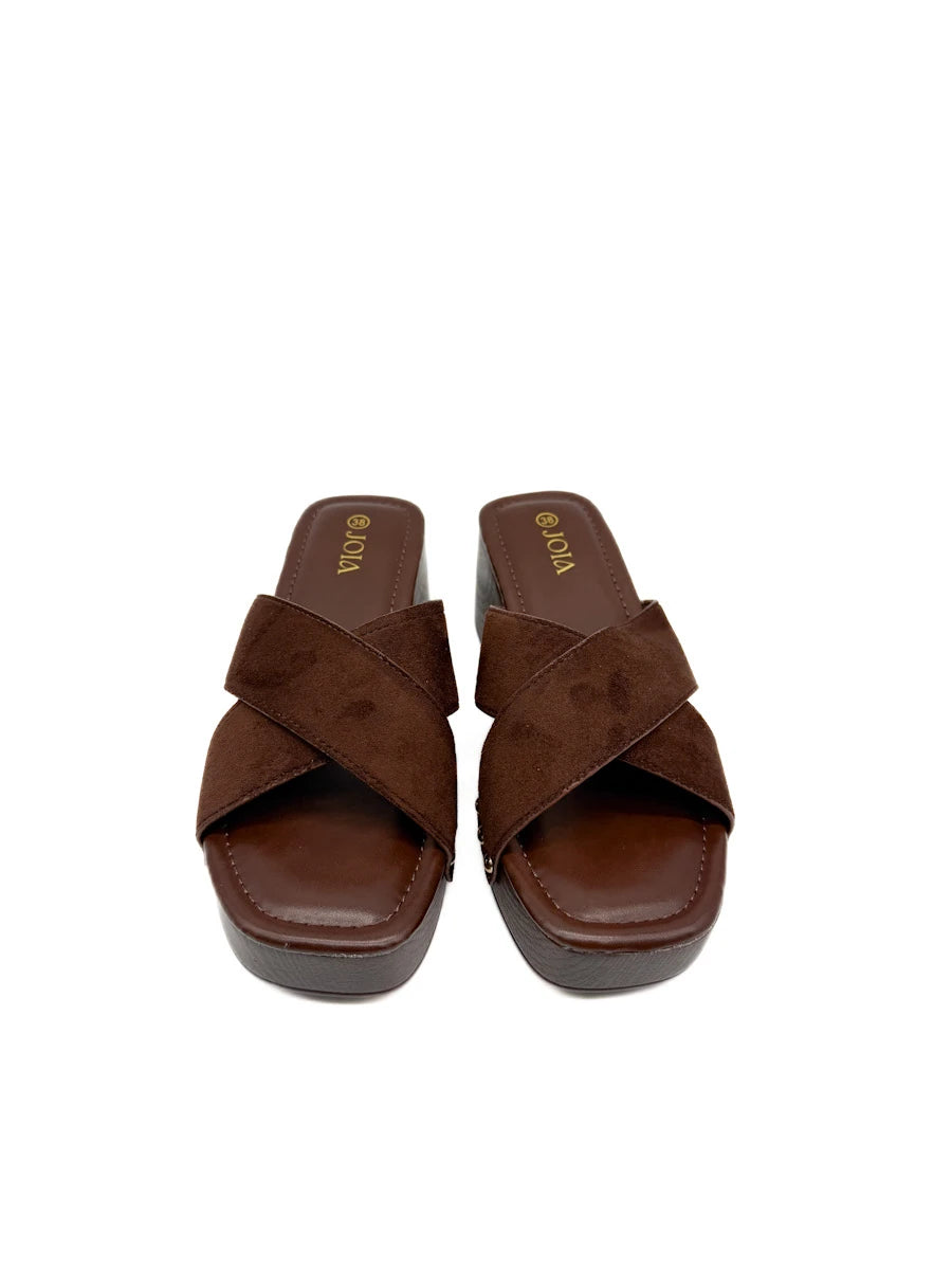 Sandalias Mule Zueco Tiras Cruzadas Antelina Efecto Madera