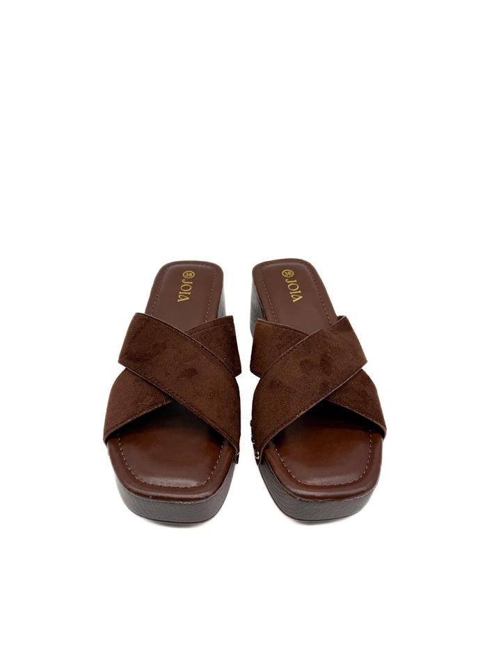 Sandalias Mule Zueco Tiras Cruzadas Antelina Efecto Madera