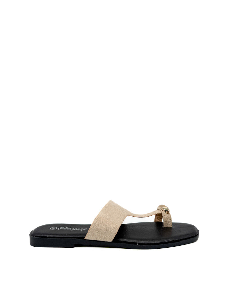 Sandalias Planas Antelina de Dedo con Detalle Dorado Beige