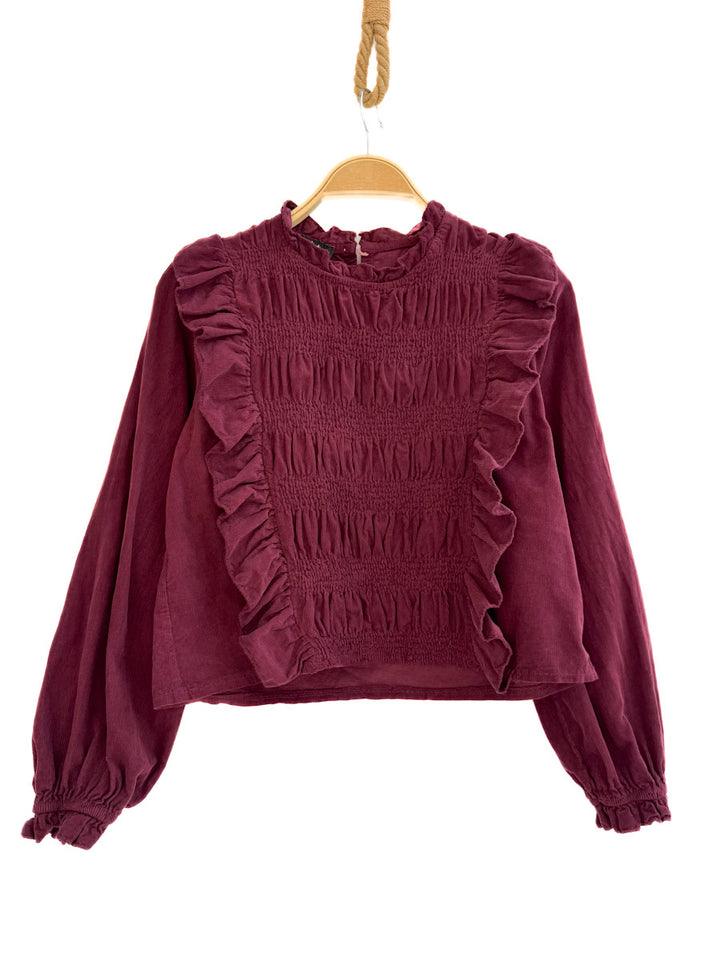 Blusa de Pana con Detalles Románticos Burdeo única