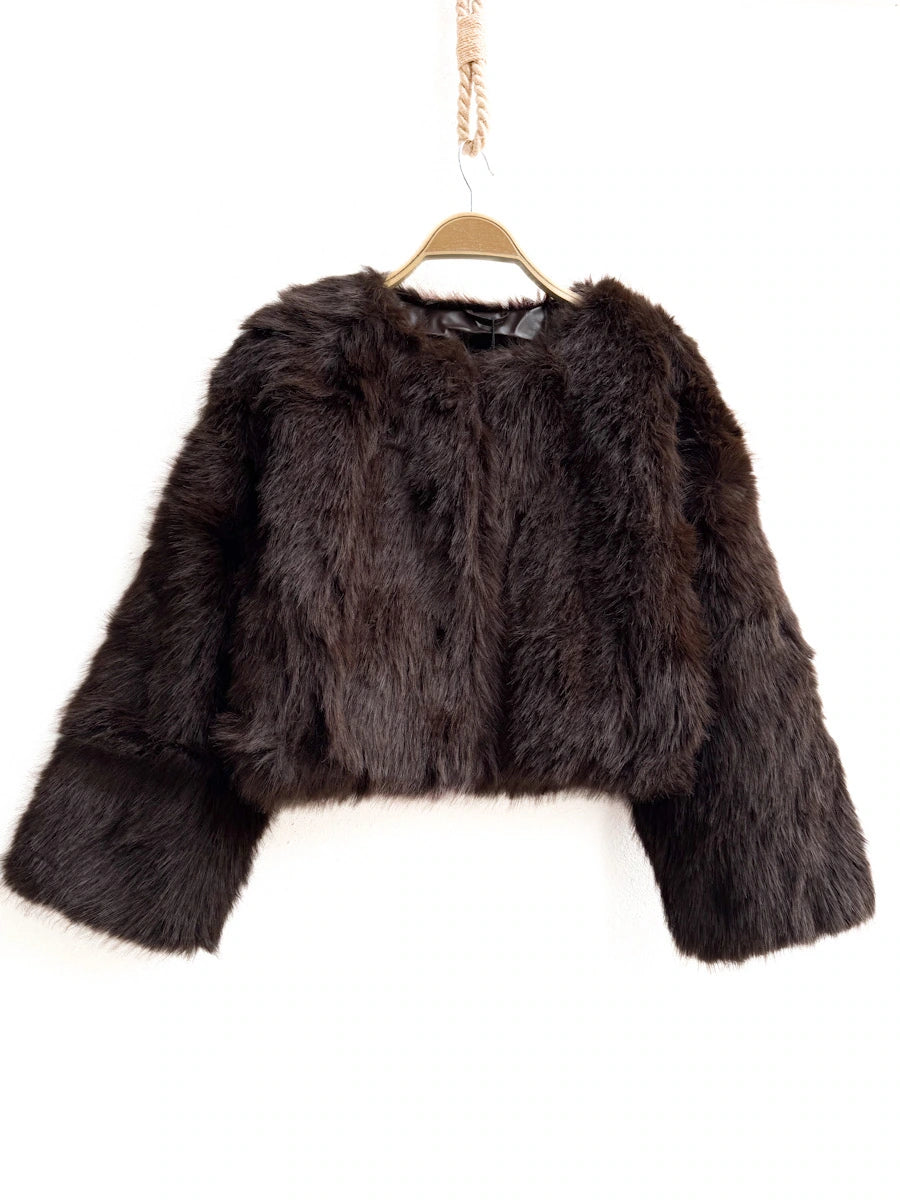 Chaquetas Corta de Pelo Sintético Estilo Elegante y Moderno en Negro y Marrón