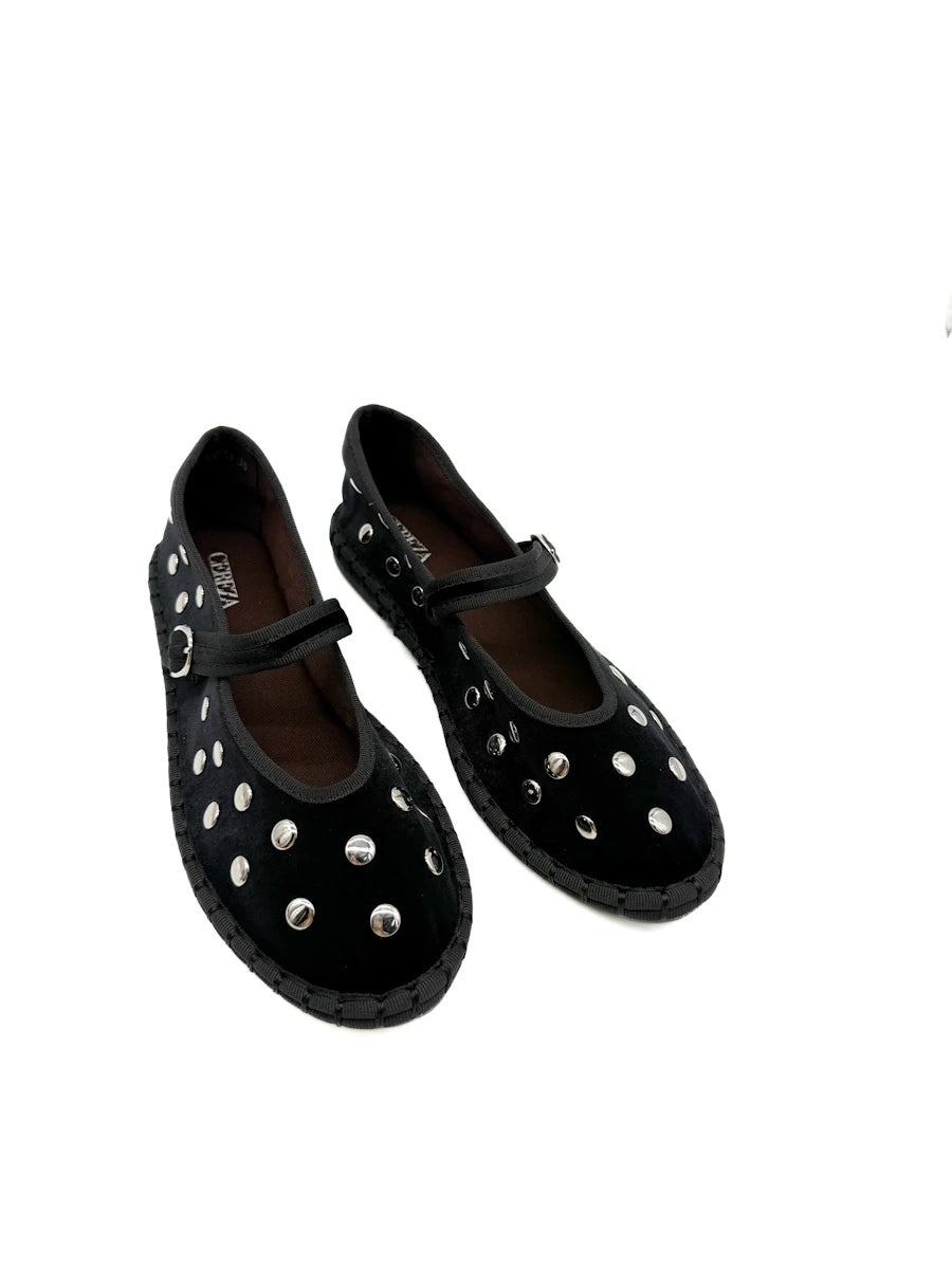 Bailarinas Mary Jane de Terciopelo con Tachuelas y Hebilla