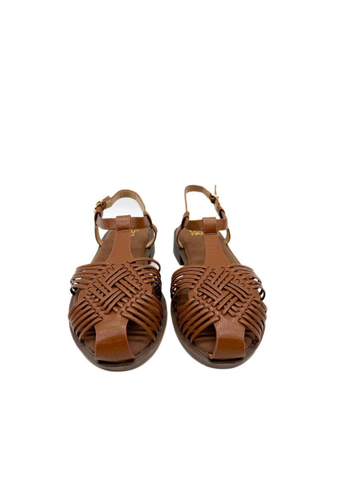Sandalias Cangrejeras de Piel Marrón con Tiras Entrelazadas - Mujer