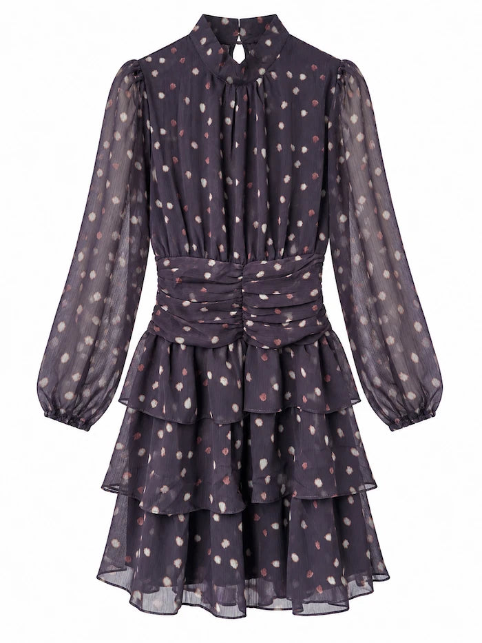 Vestido Corto de Gasa con Volantes y Cintura Fruncida 