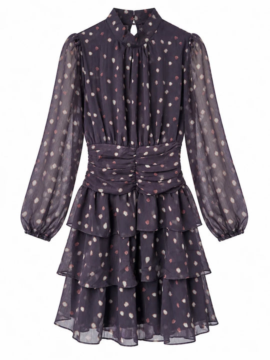 Vestido Corto de Gasa con Volantes y Cintura Fruncida 
