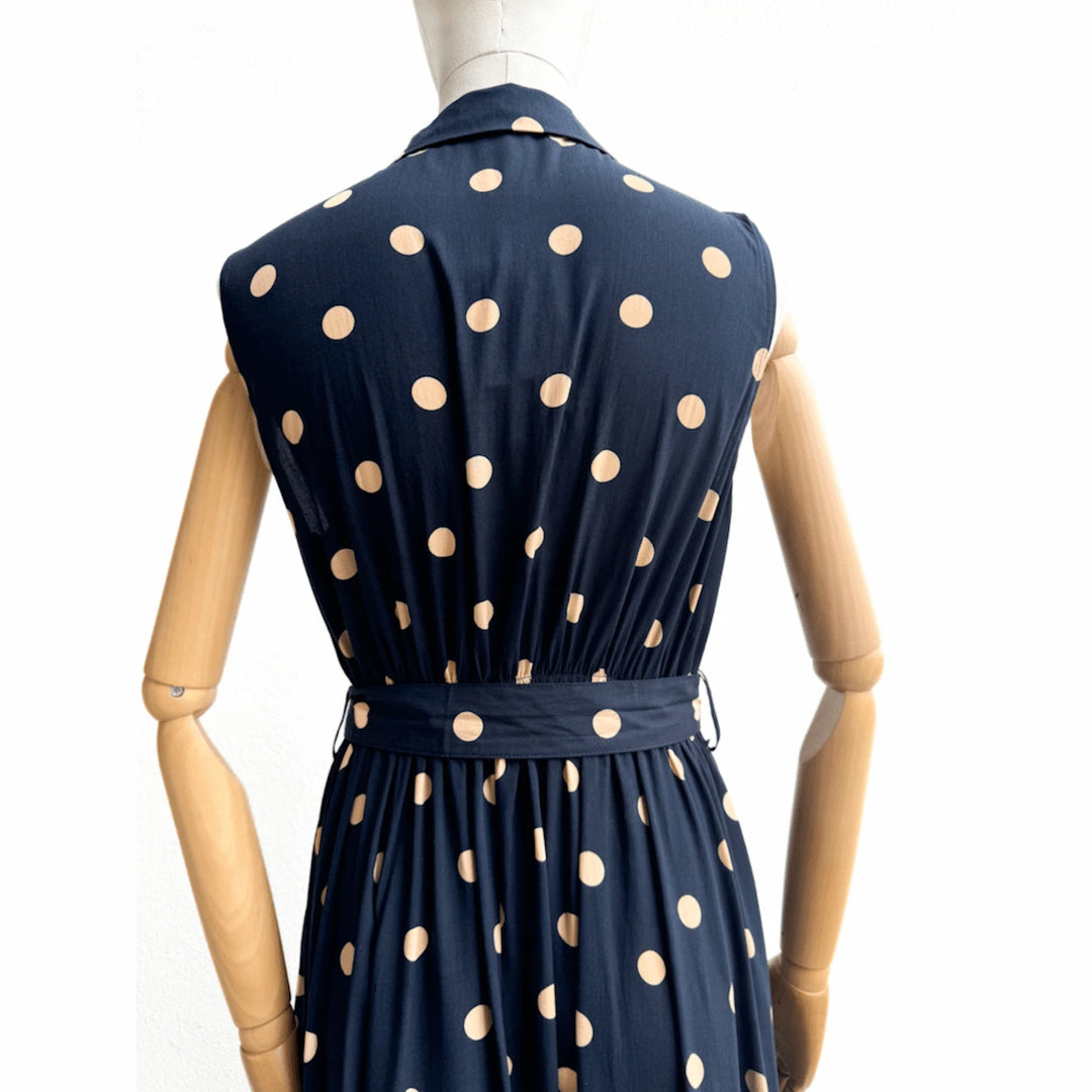Vestido Largo Azul Marino con Lunares y Cinturón