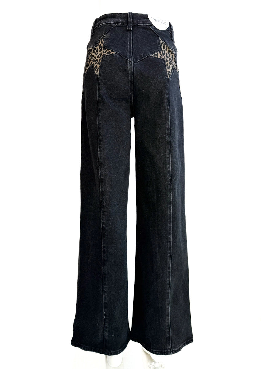 Vaqueros negros de corte amplio con detalle de leopardo Negro