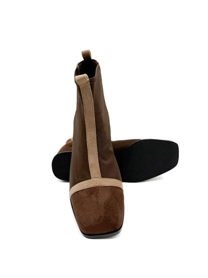 Botines Tacón Cuadrado Negras Texturizadas y Marrones Bicolor