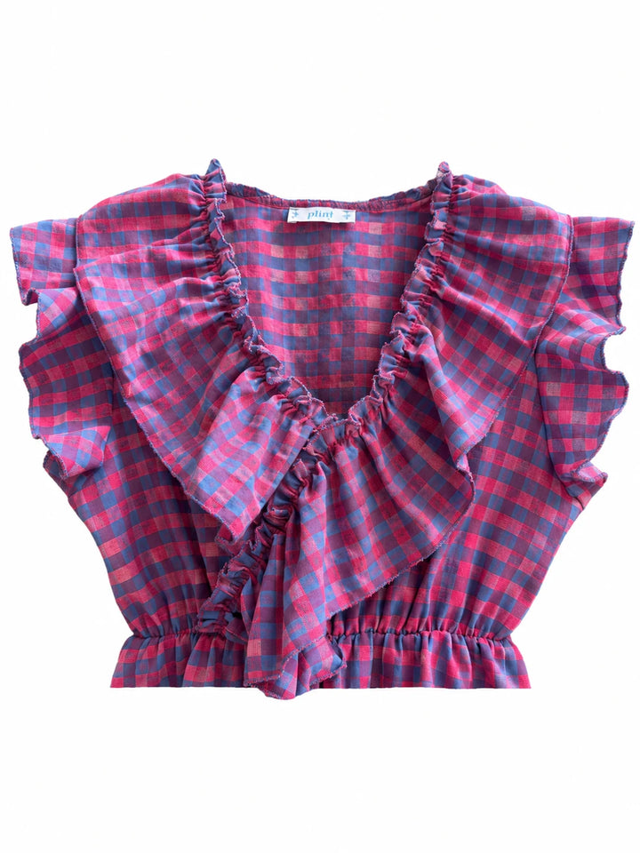 Blusa de Cuadros Vichy con Volantes y Escote en V | Elegancia Casual para Mujer