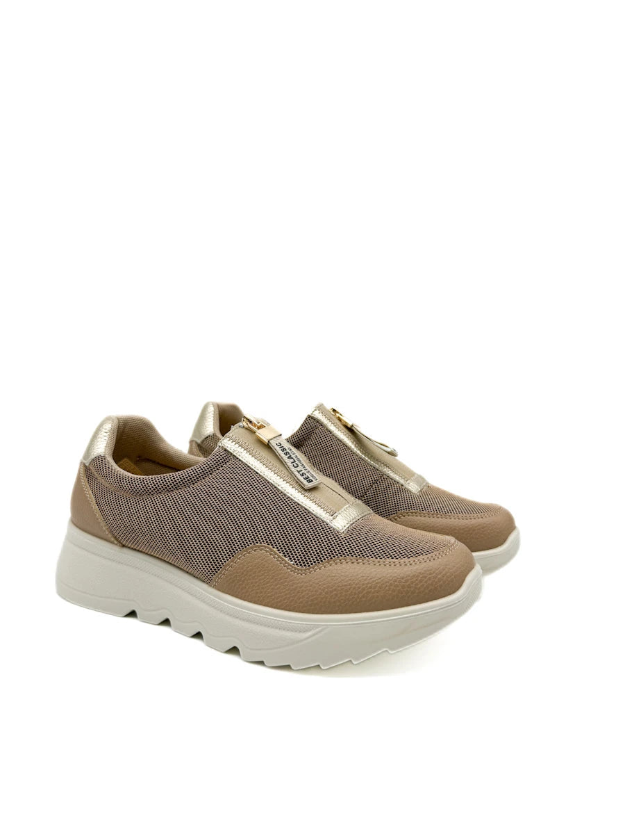 Zapatilla Siena - Deportiva Camel con Cremallera Dorada y Plataforma