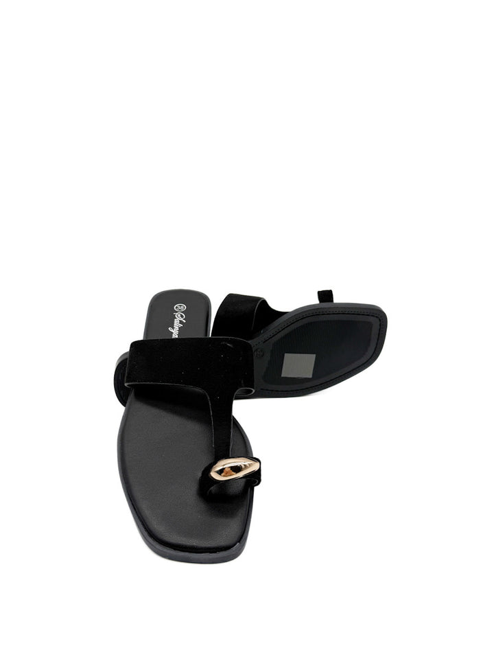 Sandalias Planas Antelina de Dedo con Detalle Dorado