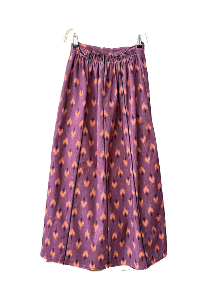 Conjunto vintage de blusa fruncida y falda larga con estampado ikat en tonos morados y naranjas Falda Morado oscuro única