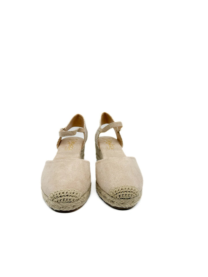 Alpargatas de Cuña Media en Antelina Beige con Detalle de Ganchillo