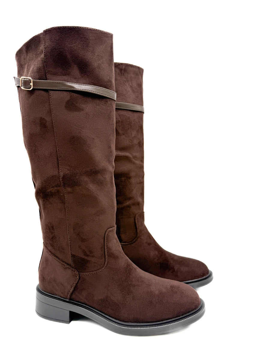 Botas Altas de Antelina con Tira Superior y Tacón Bajo