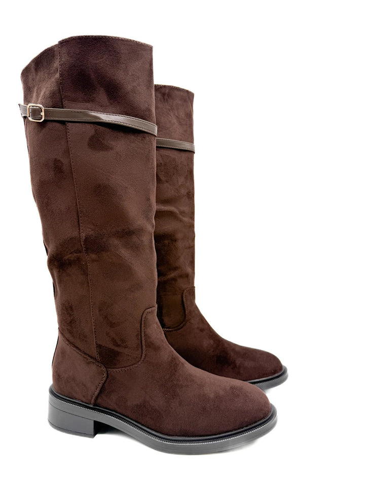 Botas Altas de Antelina con Tira Superior y Tacón Bajo