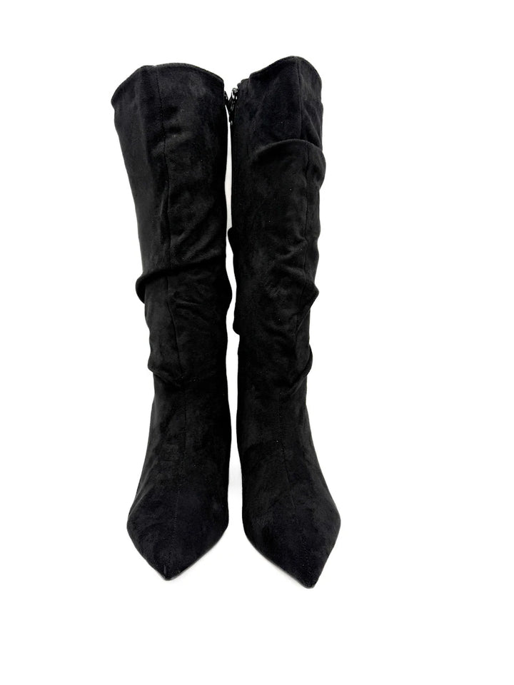 Botas Altas Fruncidas de Ante Sintético con Tacón Chupete y Puntera Fina
