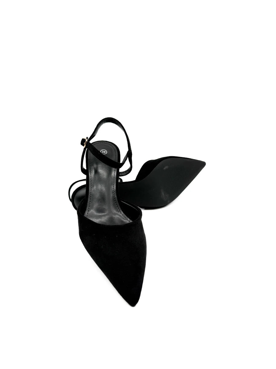 Zapatos destalonados de punta fina con tacón bajo y acabado en antelina