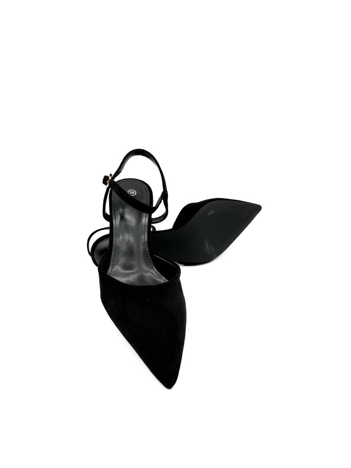 Zapatos destalonados de punta fina con tacón bajo y acabado en antelina