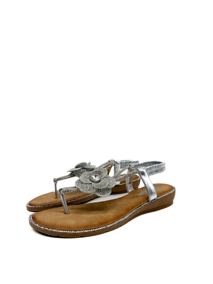 Sandalias Cuña Bajas Con Adorno Floral Brillante.