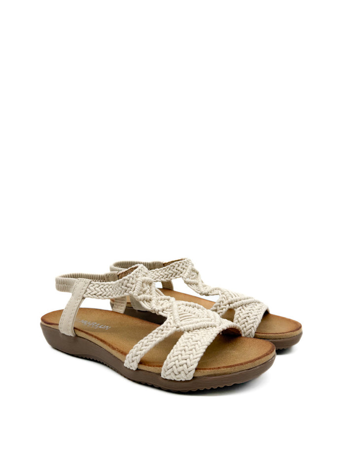Sandalia Plana Crochet Beige  Para Mujer
