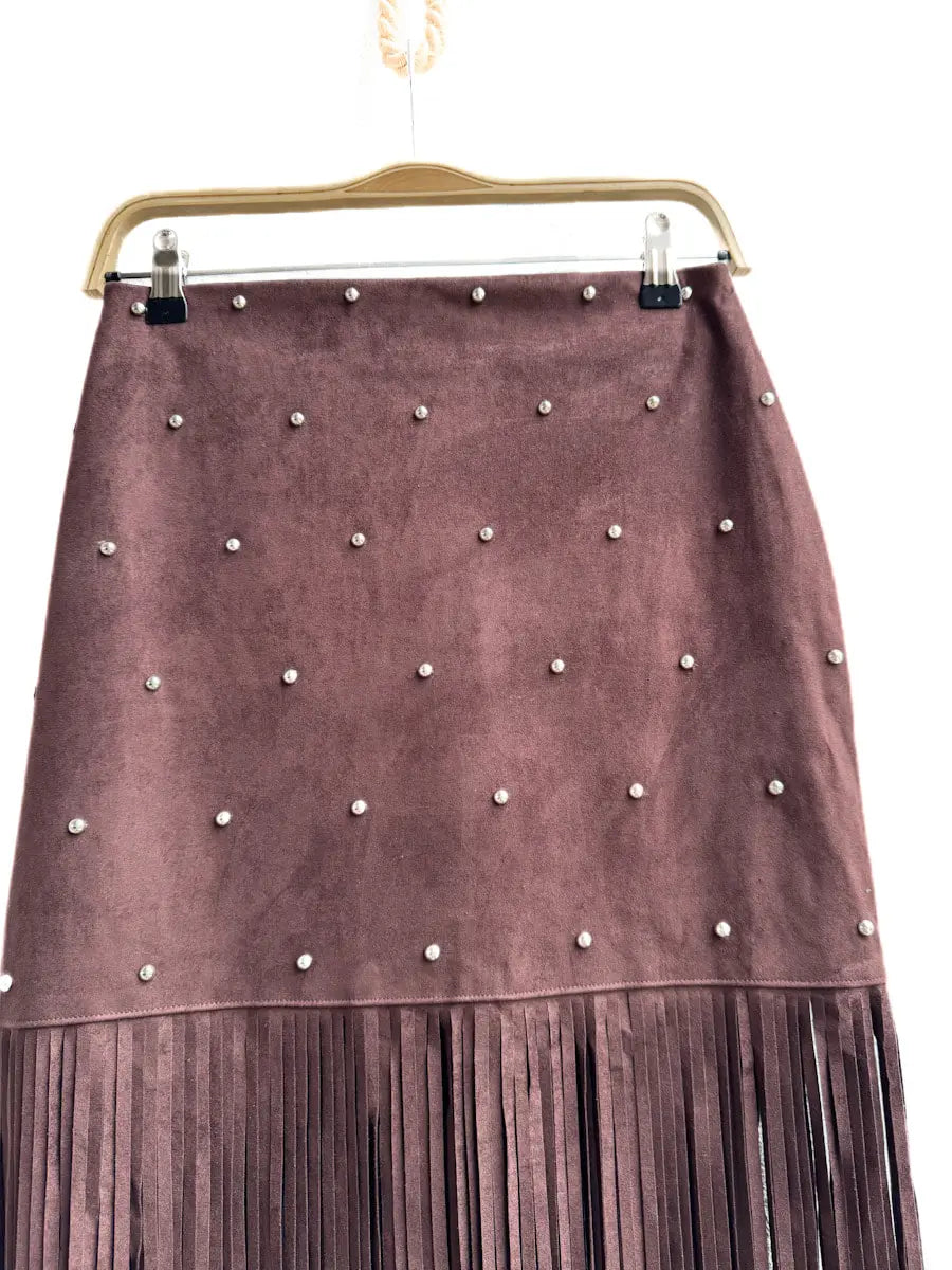 Falda de Antelina Marrón con Flecos y Remaches