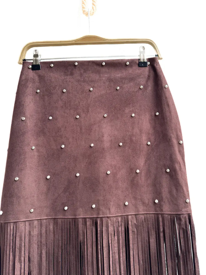 Falda de Antelina Marrón con Flecos y Remaches