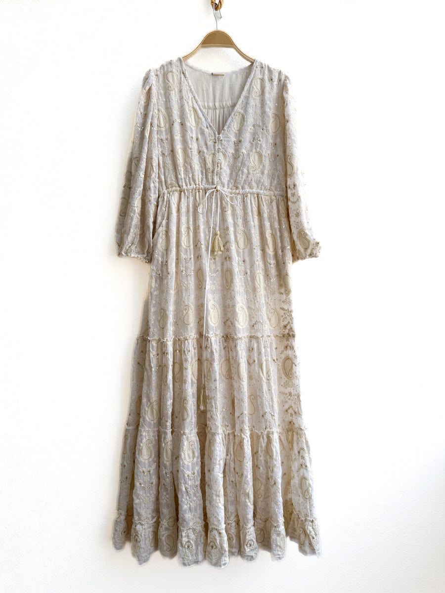 Vestido Largo Bohemio Bordado con Cordón Ajustable Beige única