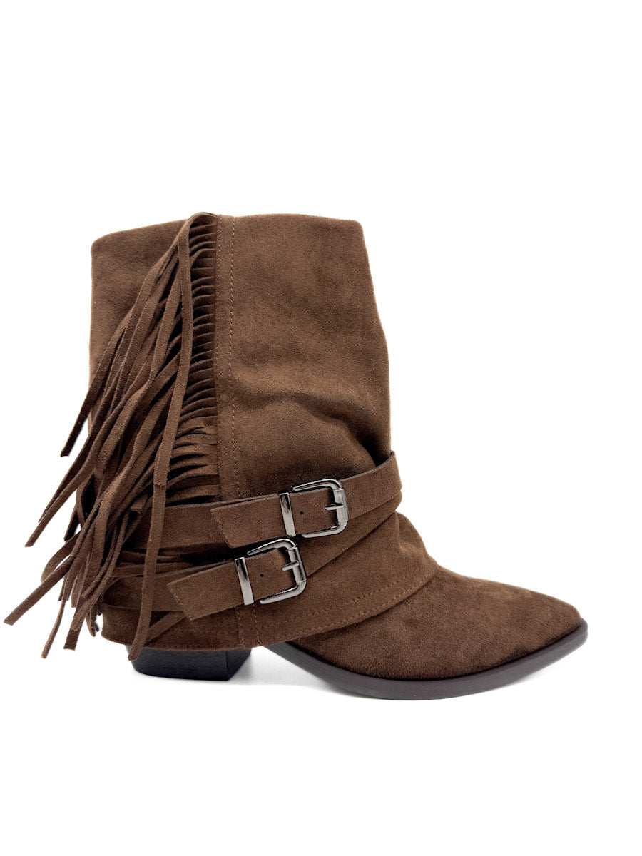 Botines con Flecos y Correas con Hebillas Marrón