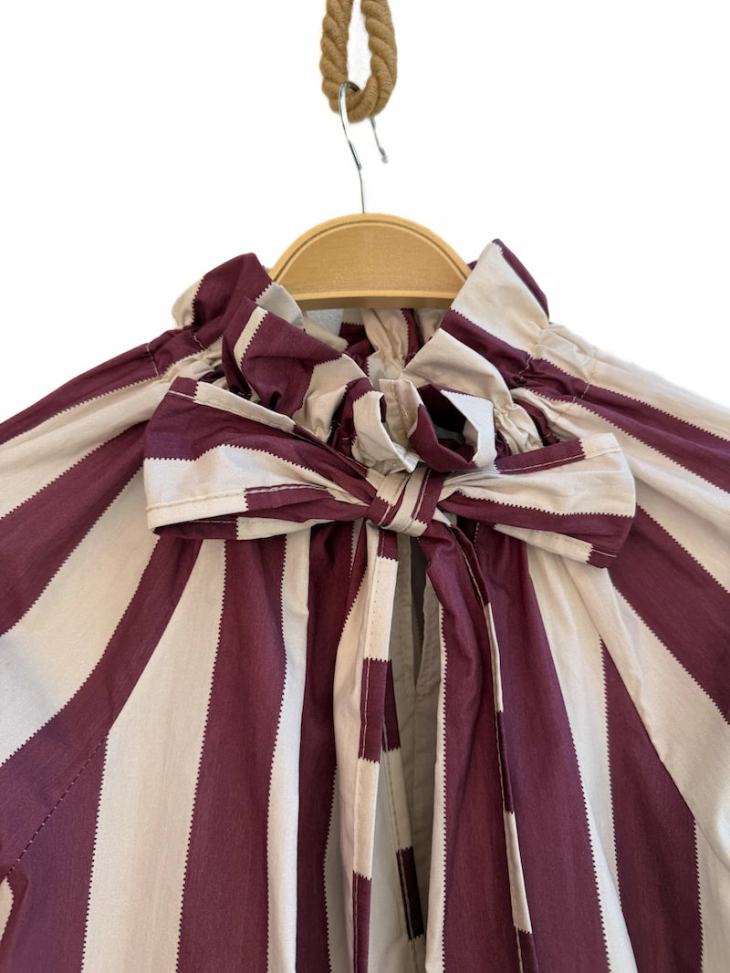 Blusa elegante de rayas verticales con lazo al cuello y manga larga