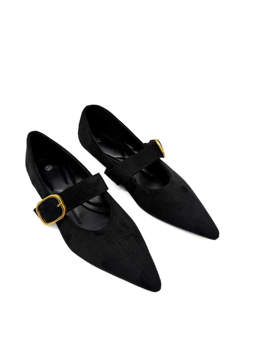 Zapatos Planos Mary Jane de Punta Fina en Ante Sintético con Hebilla Dorada