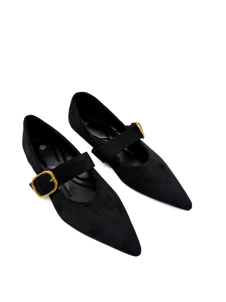 Zapatos Planos Mary Jane de Punta Fina en Ante Sintético con Hebilla Dorada