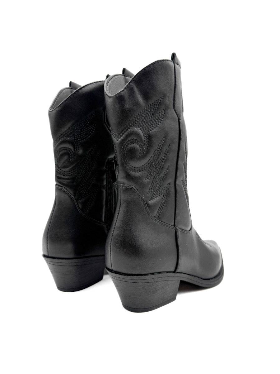 Botín Cowboy Negra con Diseño Clásico y Cremallera Lateral
