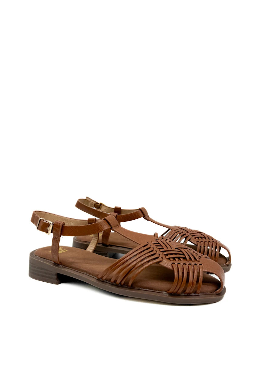 Sandalias Cangrejeras de Piel Marrón con Tiras Entrelazadas - Mujer