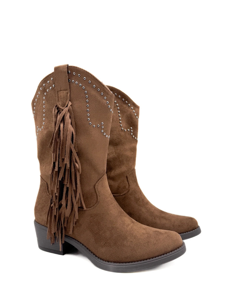 Bota cowboy de antelina color kahki con bordado