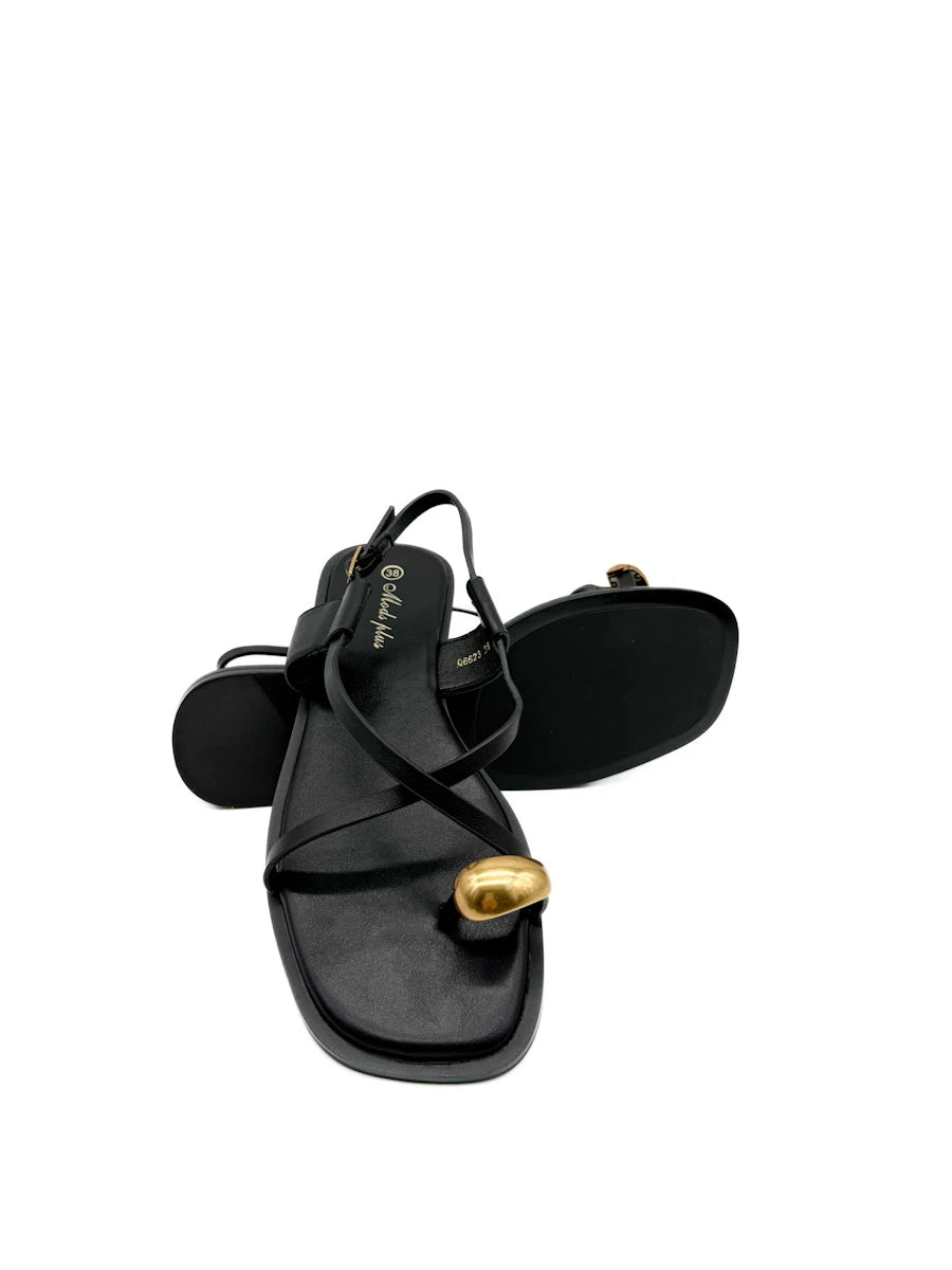 Sandalias Planas con Tira de Dedo y Adorno Dorado Escultural