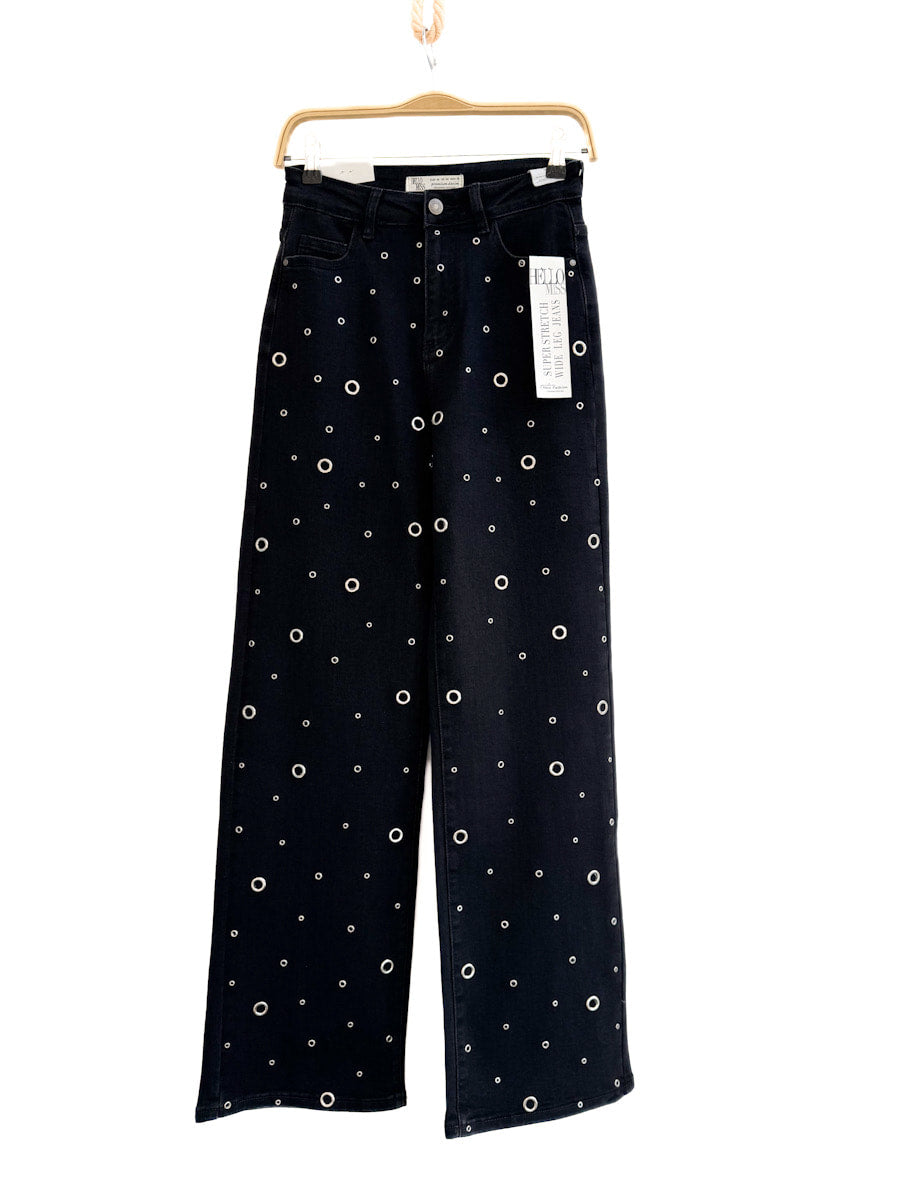 Jeans Rectos con Aros Metálicos Negro