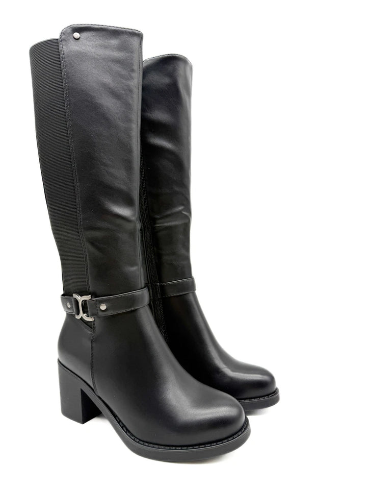 Botas Altas de Caña Ancha con Tacón Ancho y Adorno Metálico